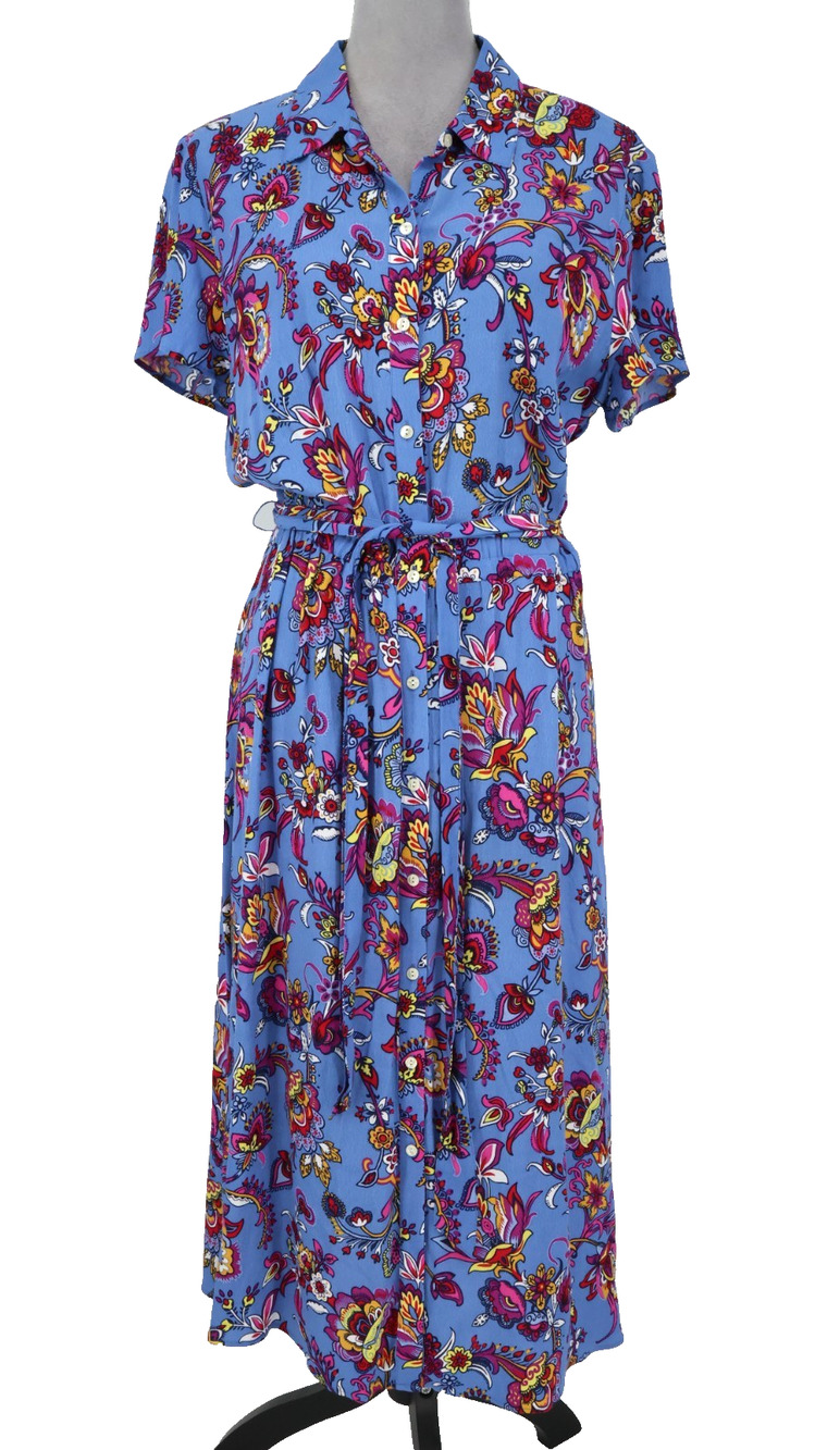 Talbots Dress Womens 12 Blue Pink Floral Shirtdress Elastic Waist Belt Career